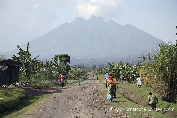 Piste et cultures au pied du volcan Sabyinyo , là où les Gorilles de montagne essayent de survivre...