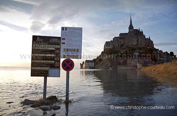 Parking of the Mont-Saint-Michel Flooded by the sea, hight Tide.